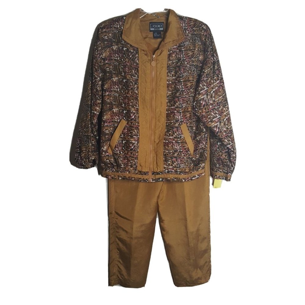 VTG 80s Anney Silk Nylon Track Suit Womens Size Med Jacket Pants Gold Geometric